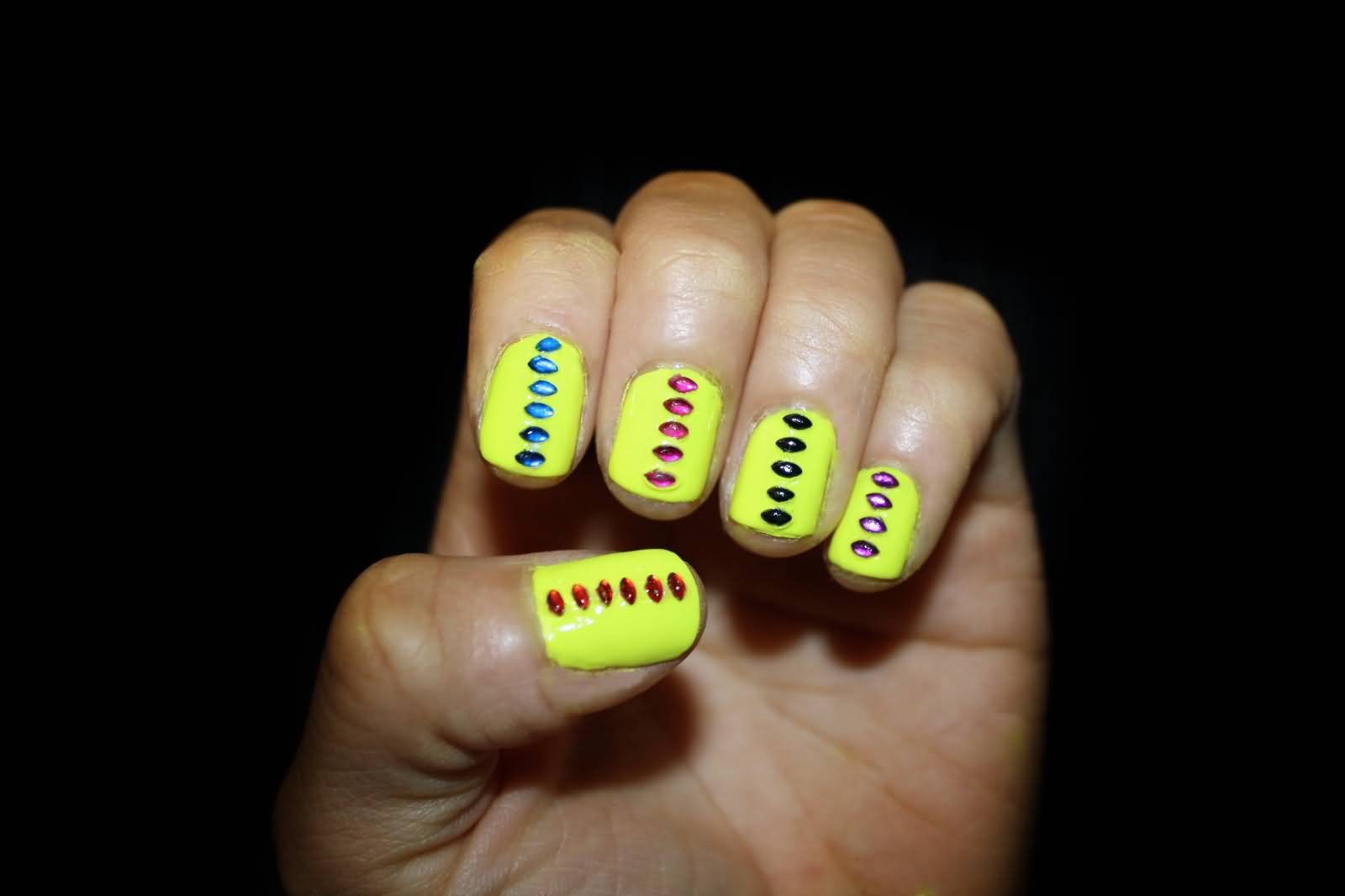 Neon Yellow Nails With Rhinestones Design