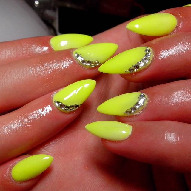 Neon Yellow Nails With Rhinestones Design