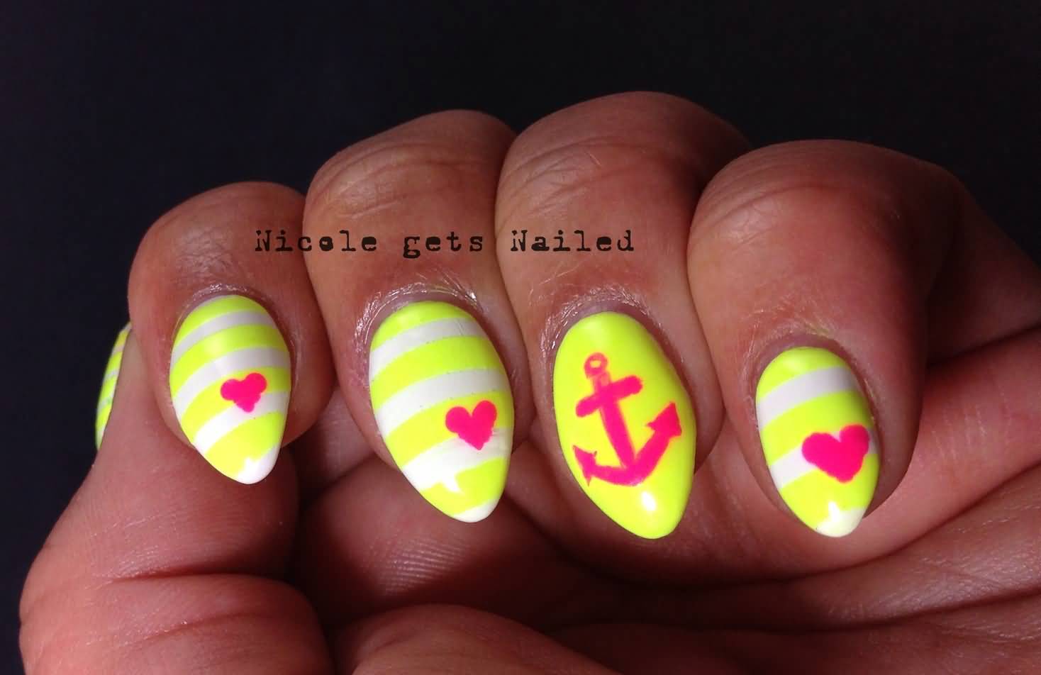 Neon Yellow Stripes And Pink Anchor And Hearts Design Nail Art