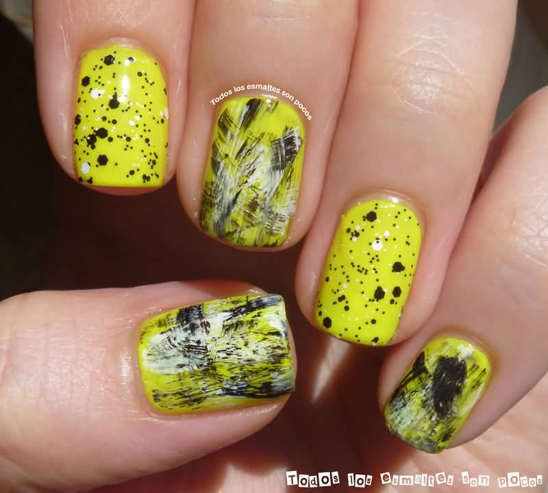 Neon Yellow With Black And White Nail Art