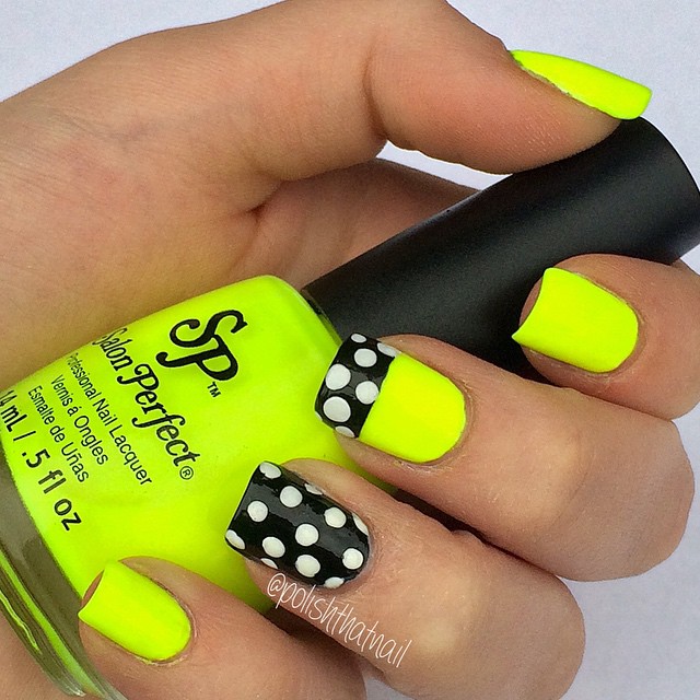 Neon Yellow With Black And White Polka Dots Design Nail Art