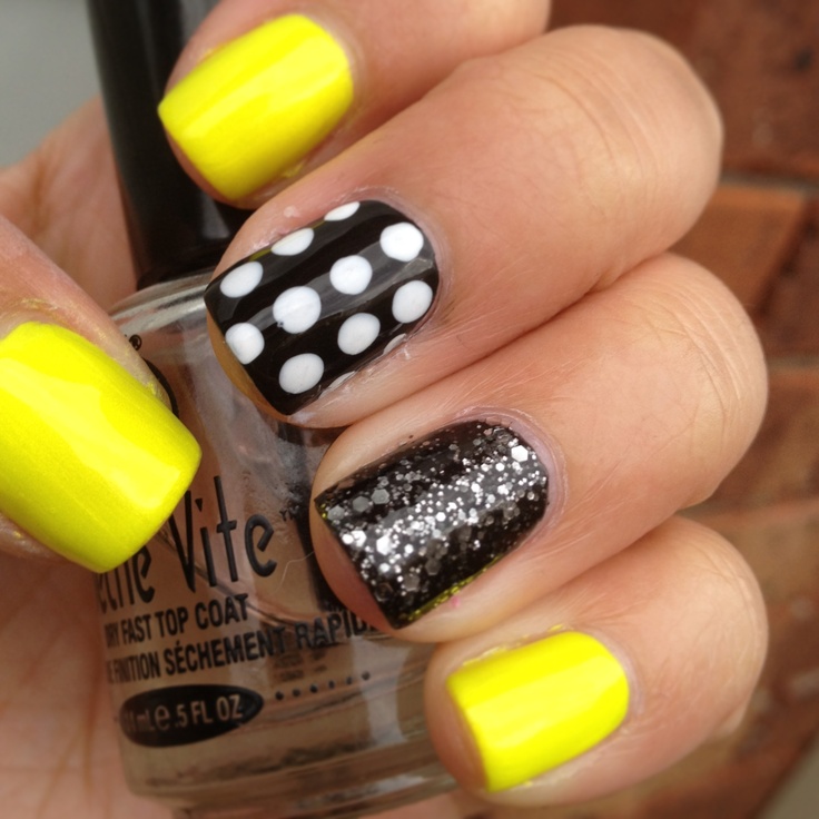 Neon Yellow With Black Glitter And White Polka Dots Nail Art