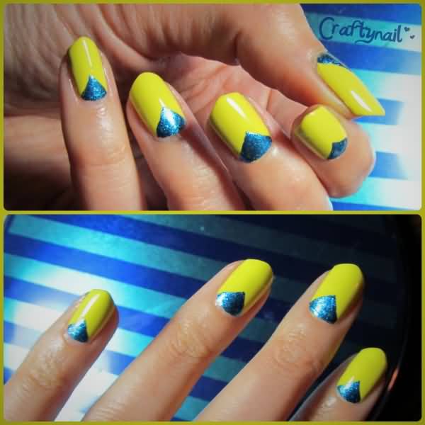 Neon Yellow With Blue Chevron Design Nail Art