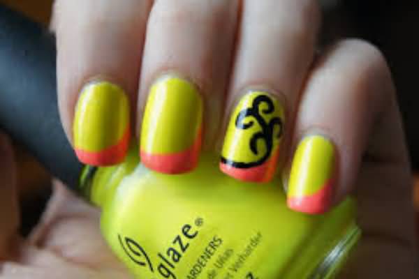 Neon Yellow With Orange Tip And Black Swirls Design Nail Art