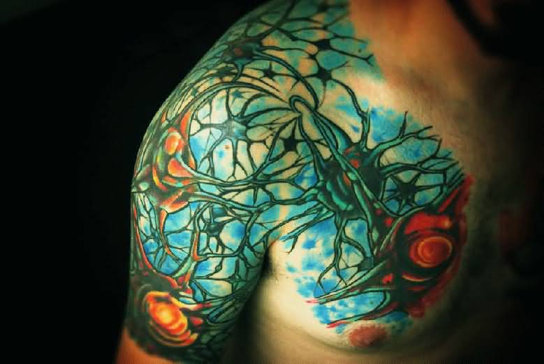 Neuron Science Colored Tattoo On Right Half Sleeve To Chest