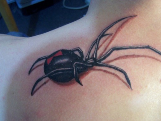 Nice Black Widow Spider Tattoo On Upper Back