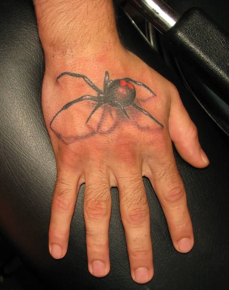 Nice Black Widow Tattoo On Hand