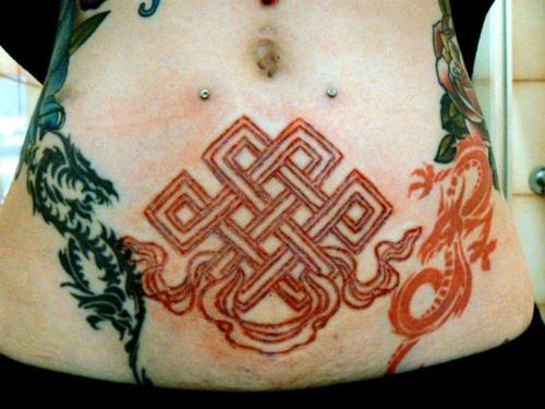 Nice Chinese Endless Knot Tattoo On Stomach