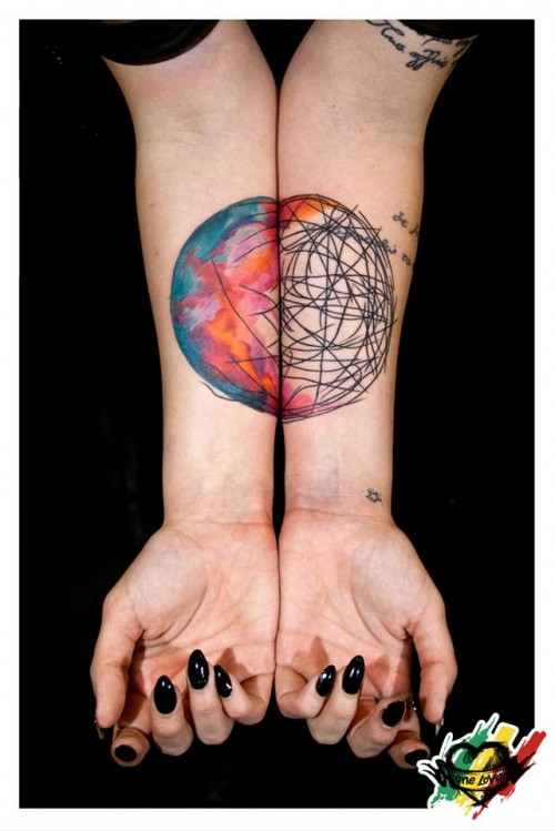 Nice Circular Science Tattoo On Both Forearms For Girls