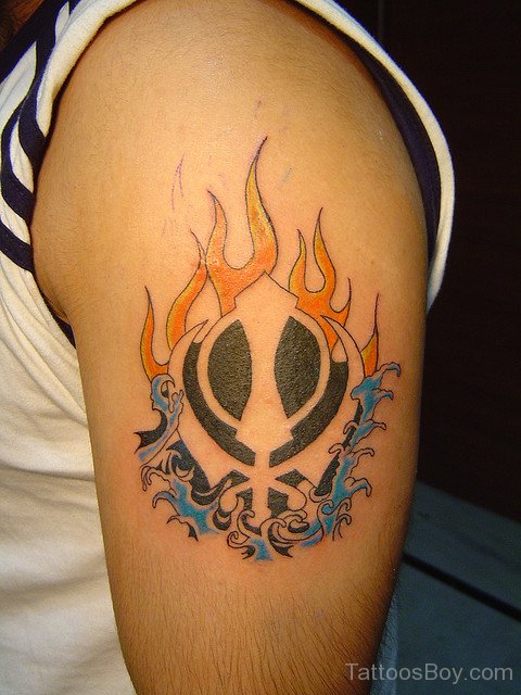 Nice Flaming Khanda Tattoo On Left Half Sleeve