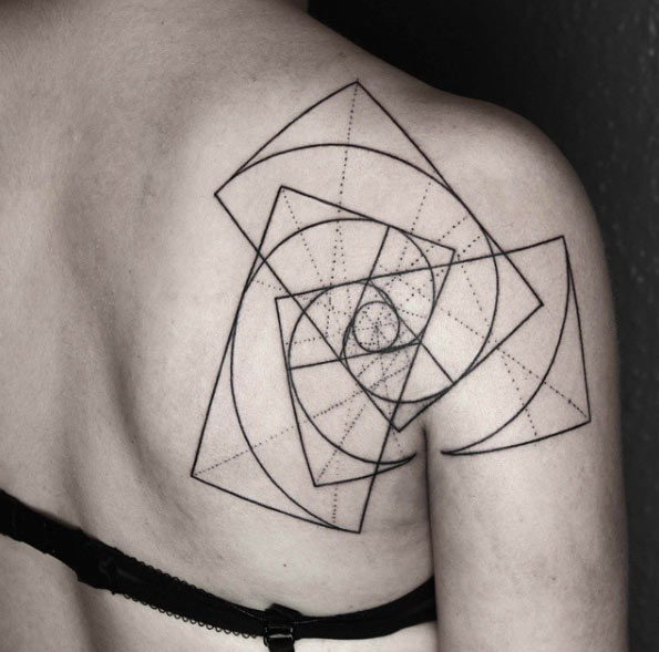Nice Geometric Spiral Tattoo On Right Back Shoulder By Okan Uckun