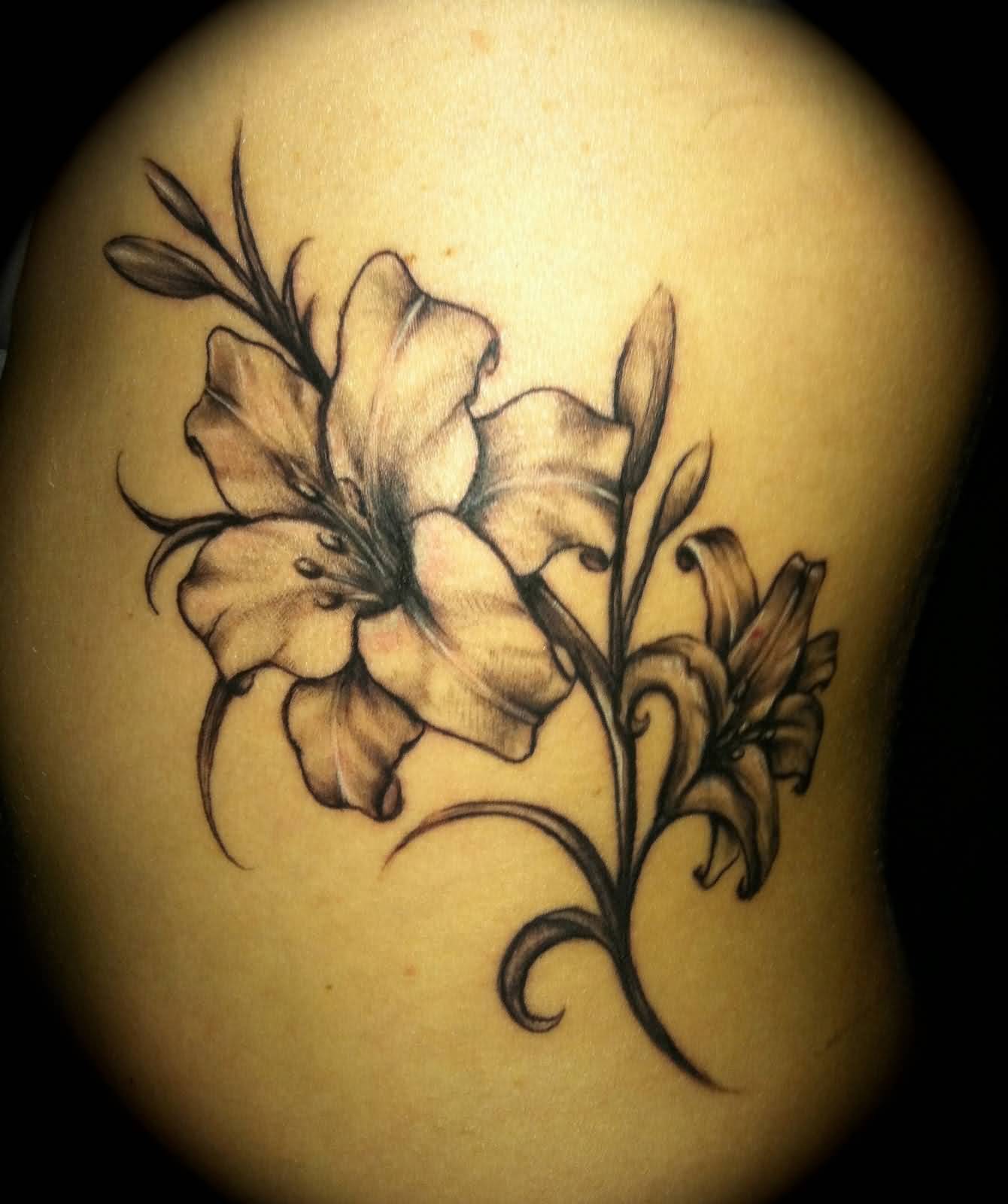 Nice Grey Gladiolus Flower Tattoo