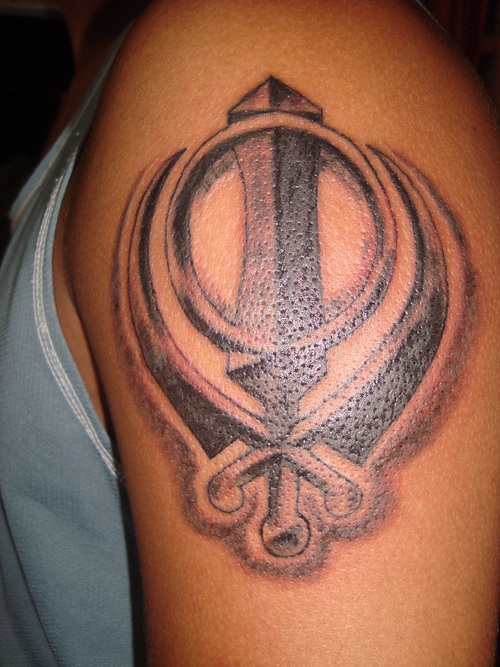 Nice Grey Khanda Punjabi Tattoo On Left Shoulder