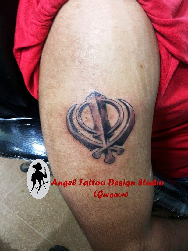 Nice Grey Khanda Punjabi Tattoo On Right Half Sleeve