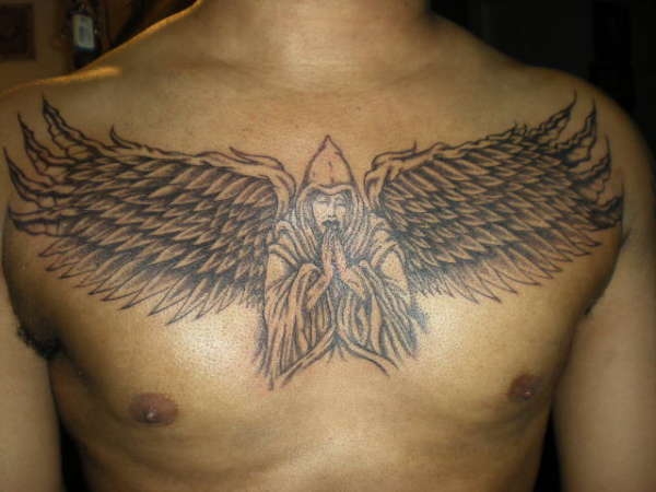 Nice Grey Praying Angel Tattoo On Chest For Men