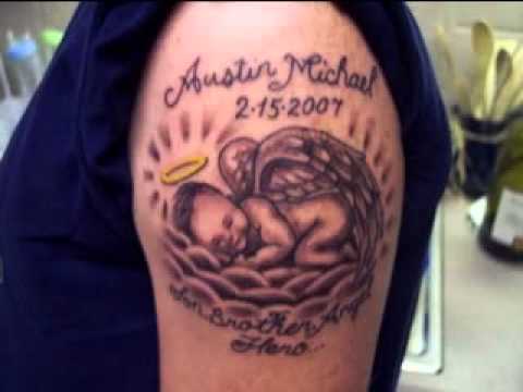 Nice Grey Remembrance Tattoo For Baby On Left Shoulder