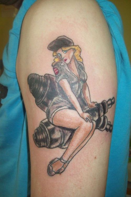 Nice Mechanic Pin Up Girl Tattoo On Left Half Sleeve