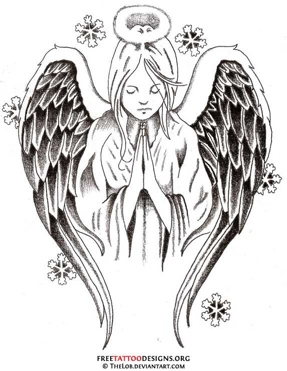 Nice Praying Angel With Snowflakes Tattoo Design