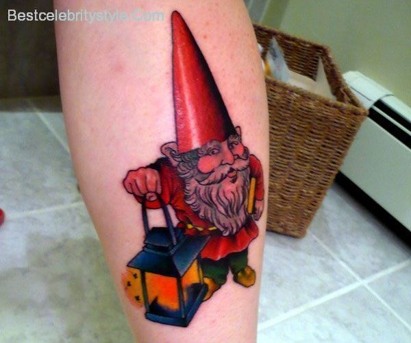 Nice Spectacular Gnome With Lantern Tattoo On Arm
