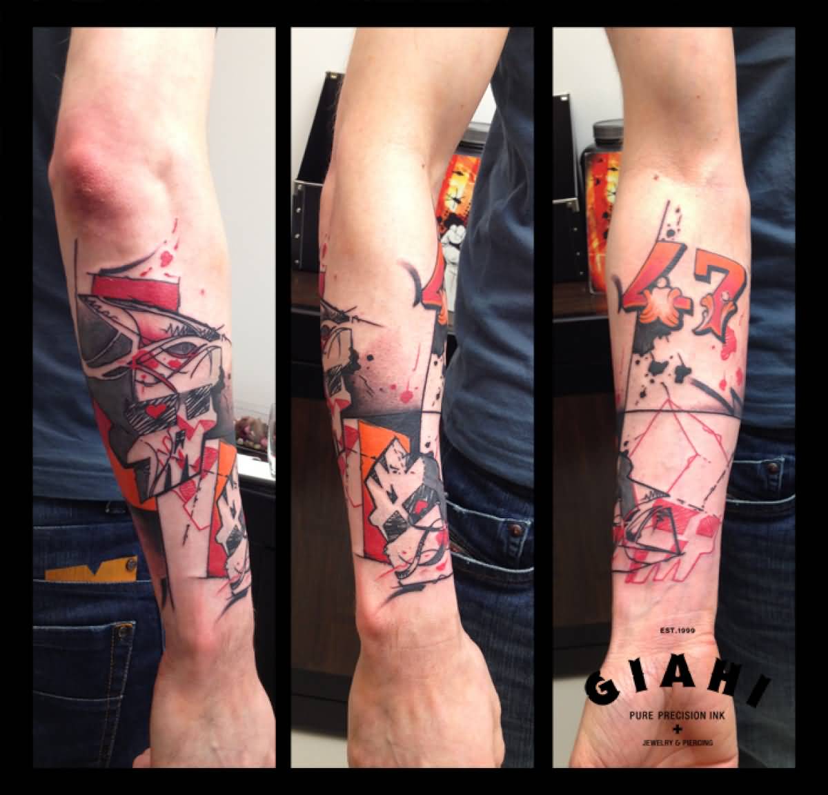 Number 47 Square Skull Trash Polka Tattoo On Forearm By Live Two