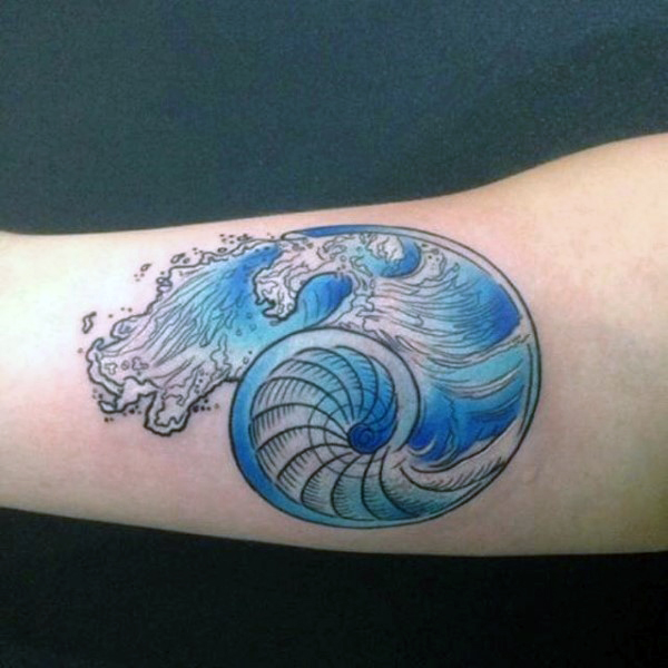 Ocean Waves Spiral Seashell Watercolor Tattoo On Arm