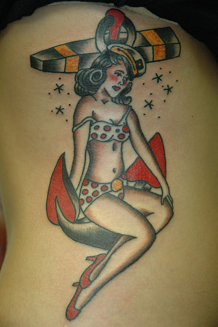Old School Anchor Pin Up Girl Tattoo On Full Back