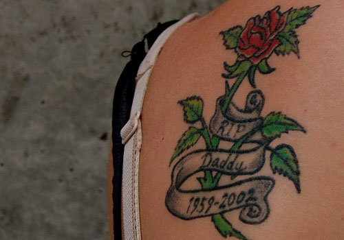 Old School RIP Remembrance Tattoo On Left Back Shoulder