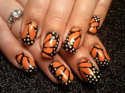 Orange And Black Monarch Butterfly Wings Nail Art
