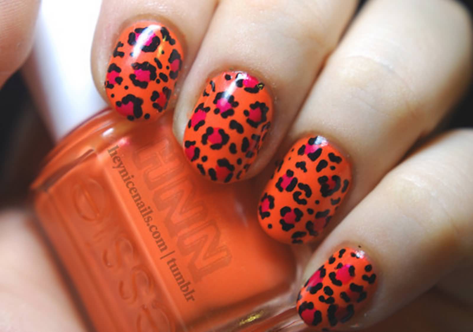Orange And Pink Leopard Print Nail Art