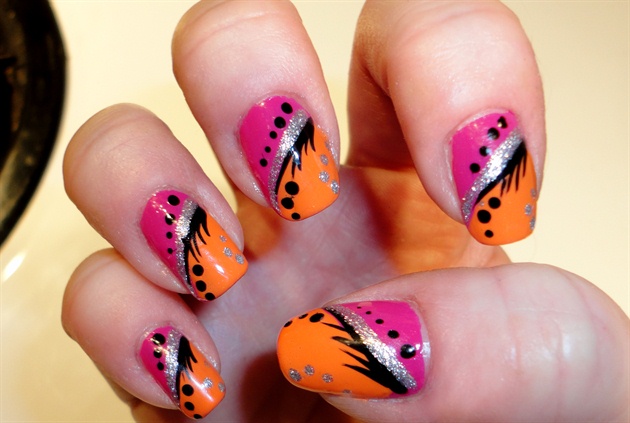 Orange And Pink With Silver Glitter Nail Art Design