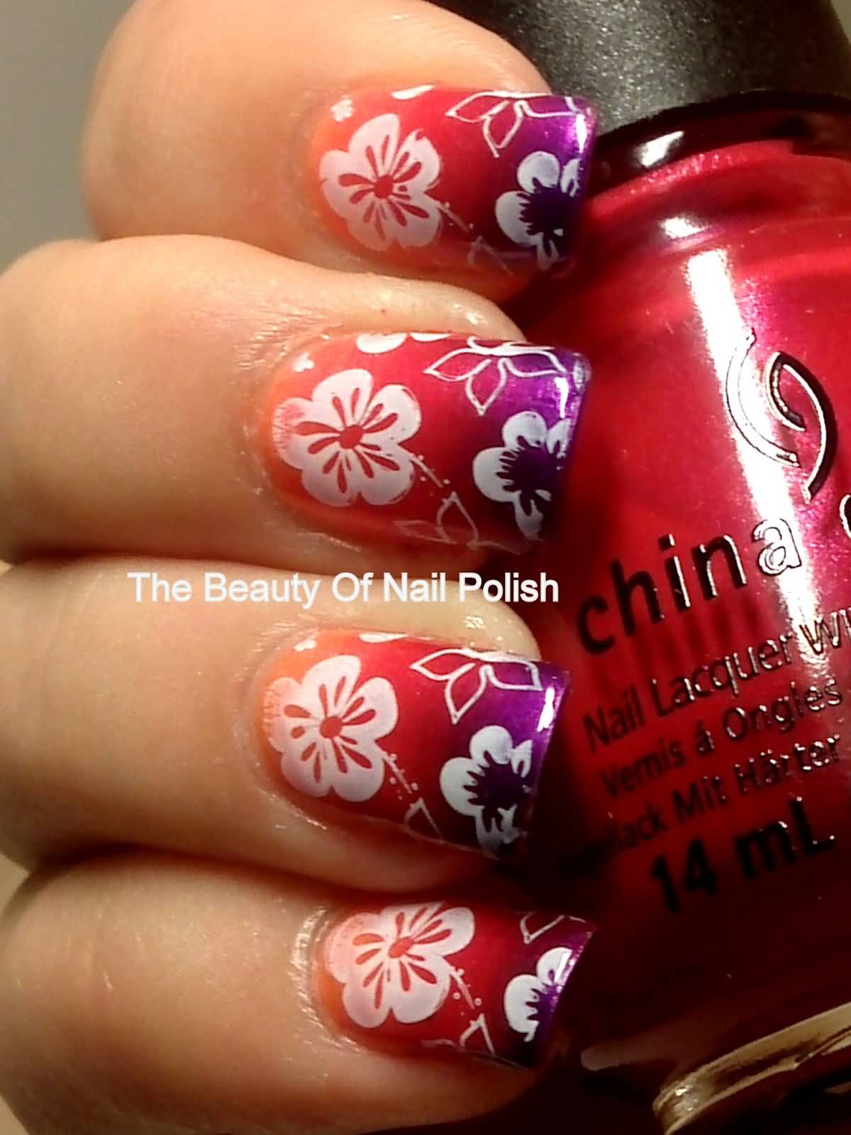 Orange And Purple Gradient Nails With White Flowers Nail Art