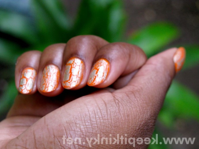 Orange And Silver Cracked Design Nail Art