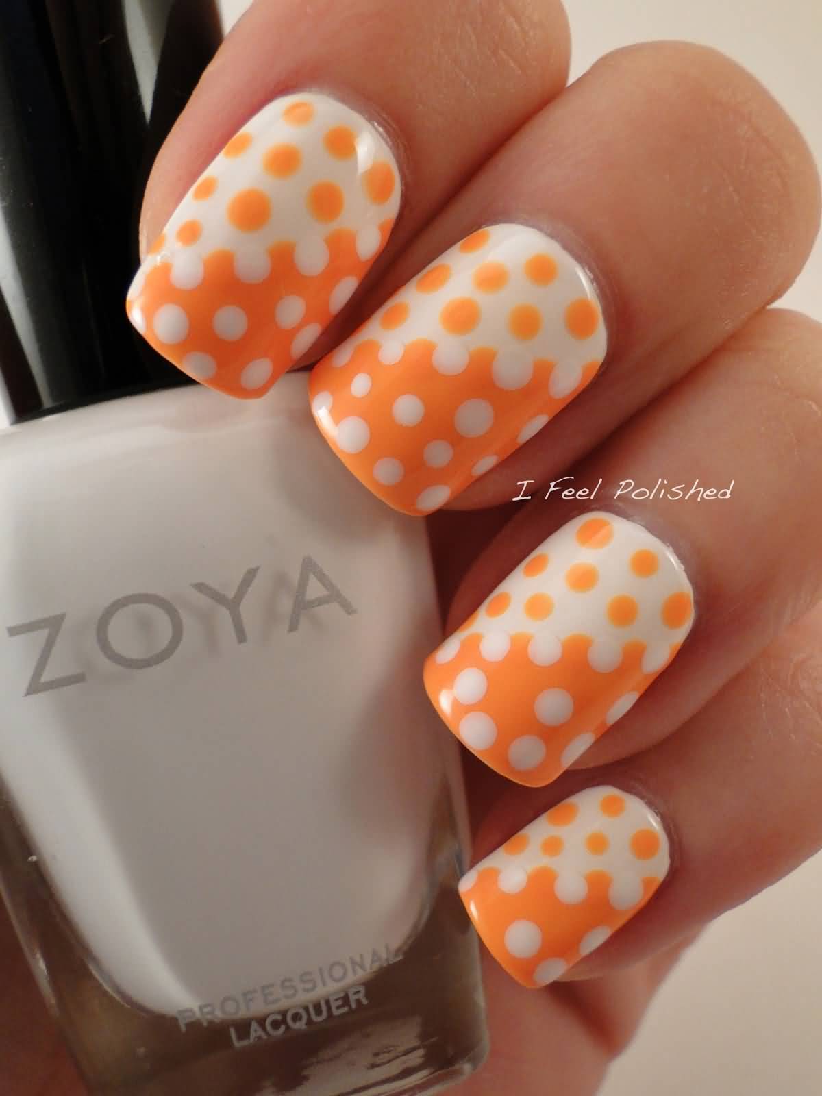 Orange And White Dots Design Nail Art