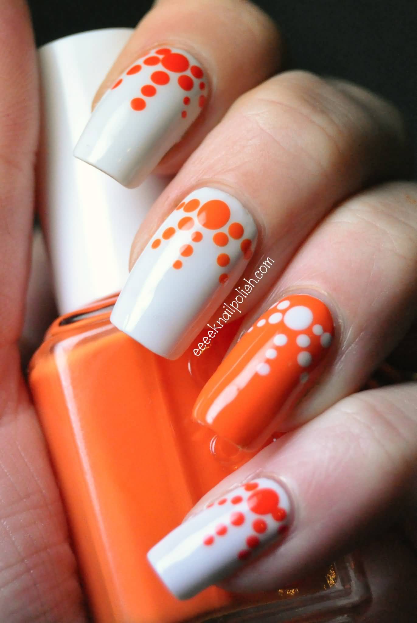Orange And White Polka Dots Nail Art