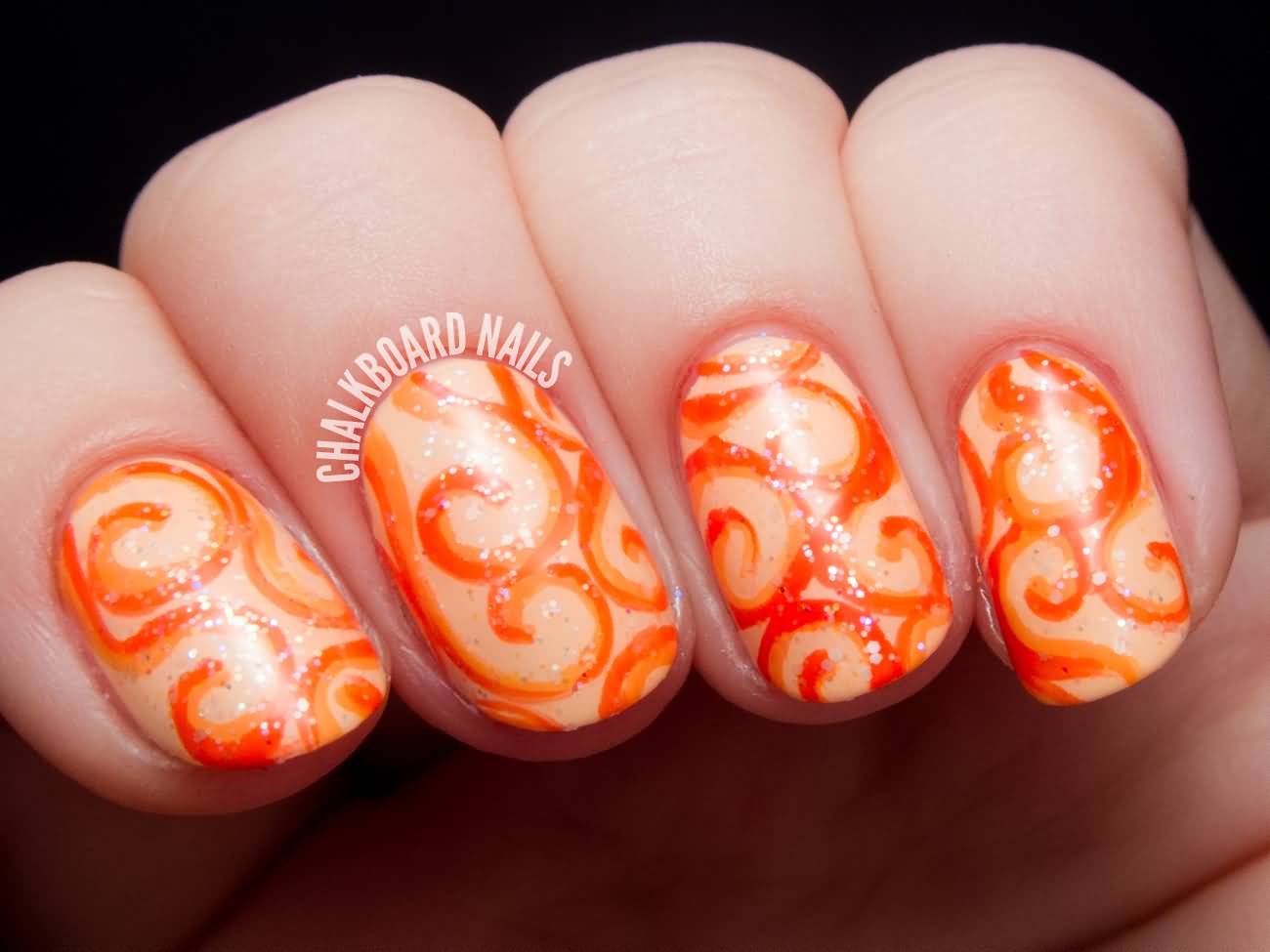 Orange And White Swirls Design Nail Art