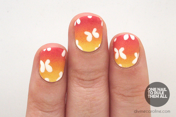 Orange And Yellow Gradient With Butterflies Nail Art