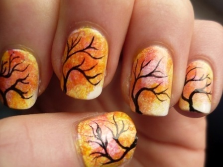 Orange And Yellow Gradient On White Nails With Autumn Tree Design