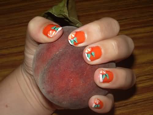 Orange Fruit Slices With Green Leaves Nail Art