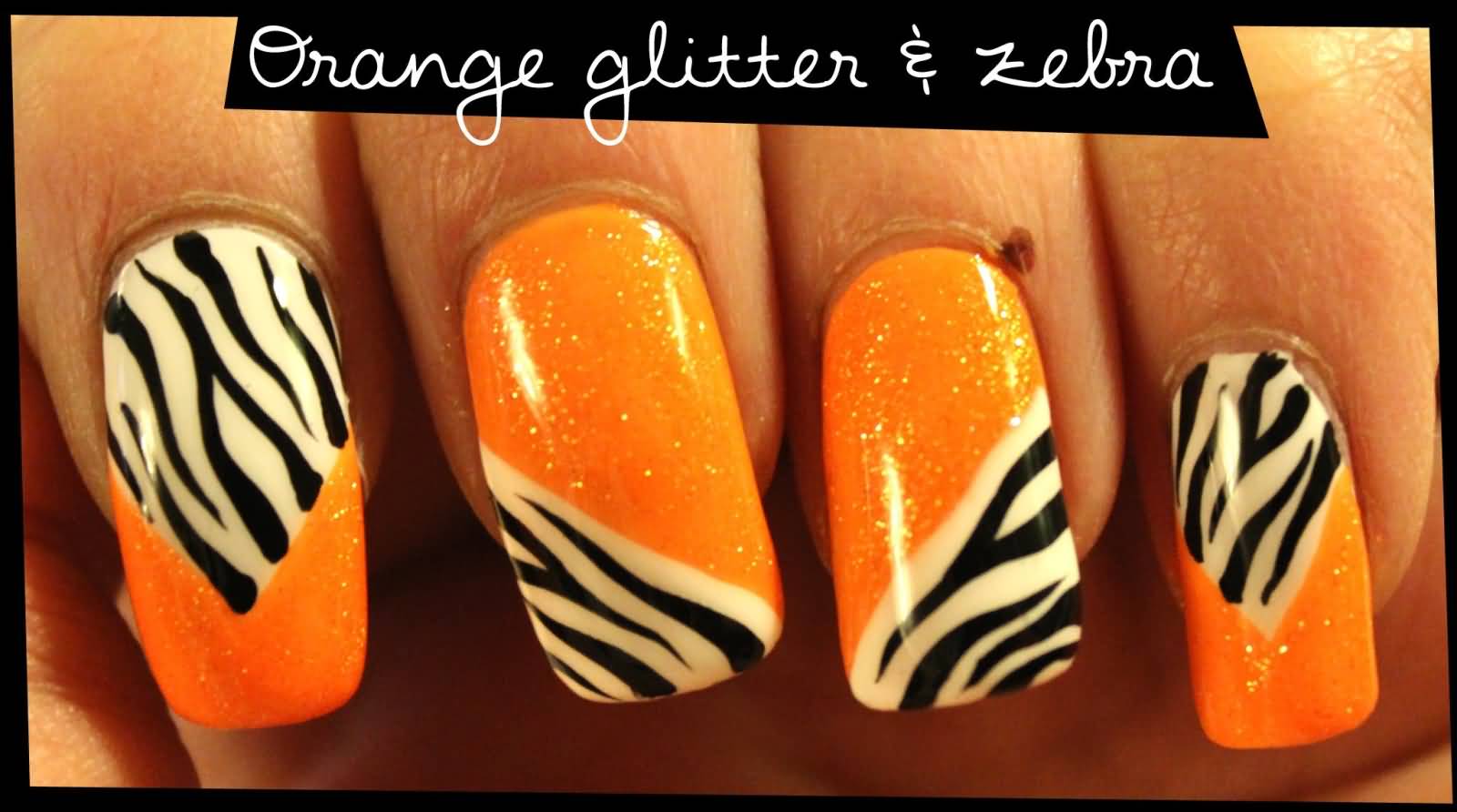 Orange Glitter And Zebra Print Nail Art With Tutorial Video