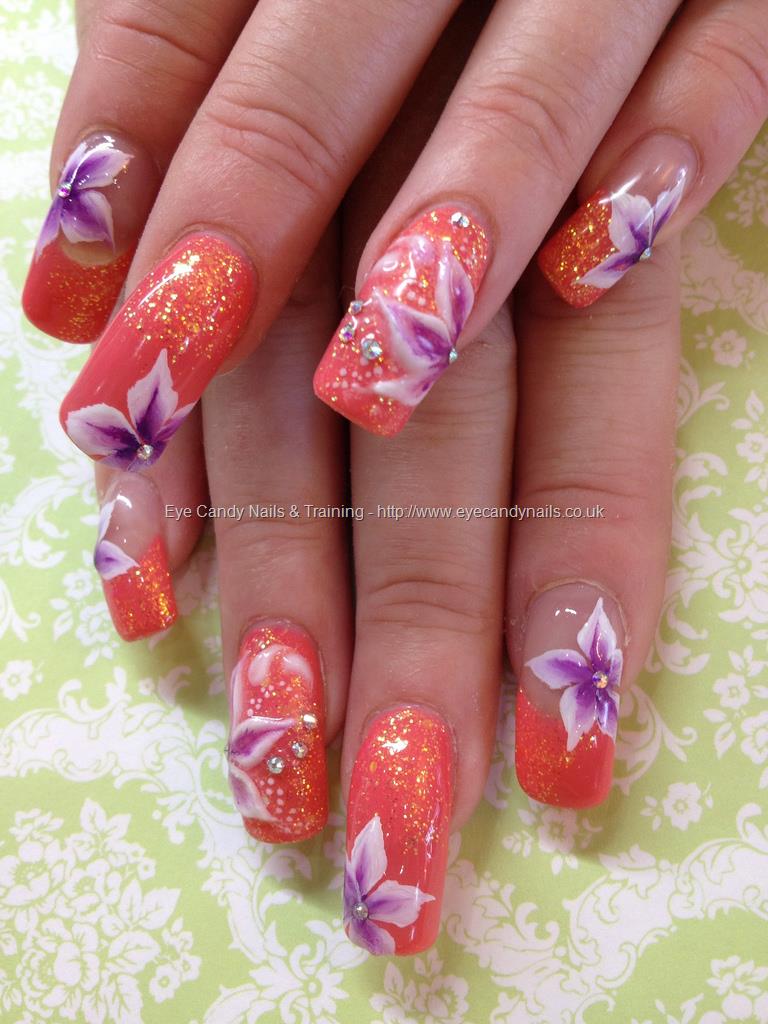 Orange Glitter Nails With Purple Flowers Nail Art