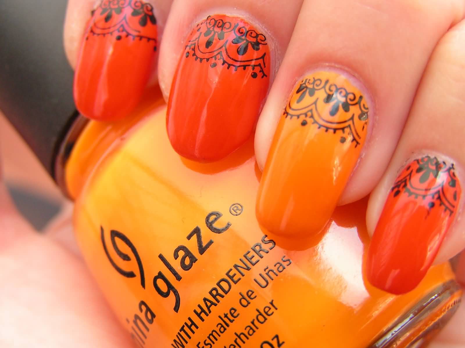 Orange Nails With Black Lace Design Nail Art