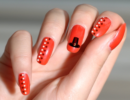 Orange Nails With Hat And Dots Design Nail Art