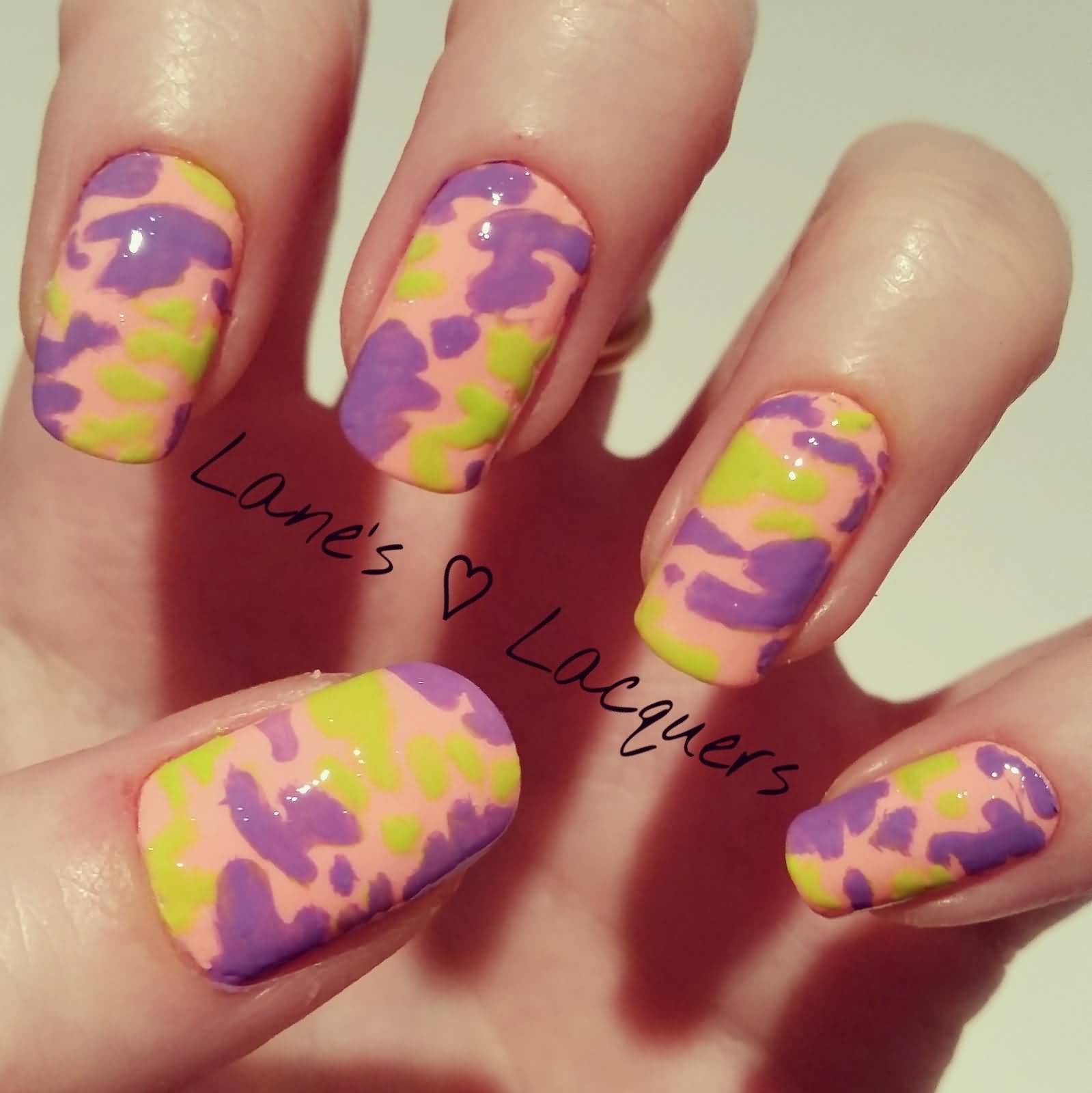 Orange Nails With Purple And Green Spots Design Nail Art