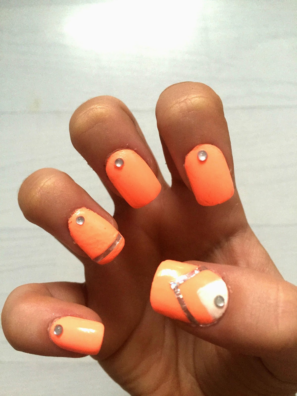 Orange Nails With Rhinestones Design Nail Art