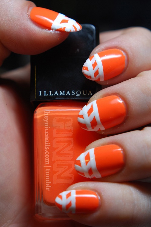 Orange Nails With White Lace Design Nail Art