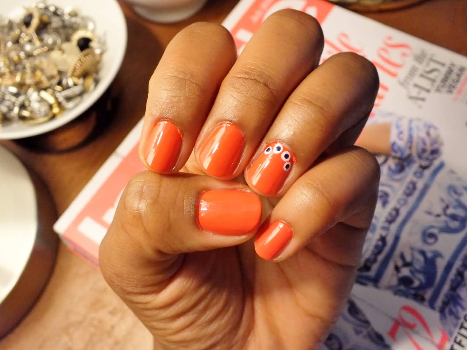 Orange Nails With White Polka Dots Nail Art