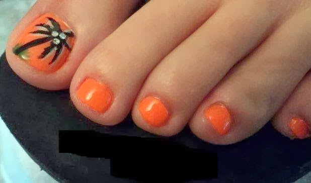 Orange Toe Nails With Palm Tree Design Idea