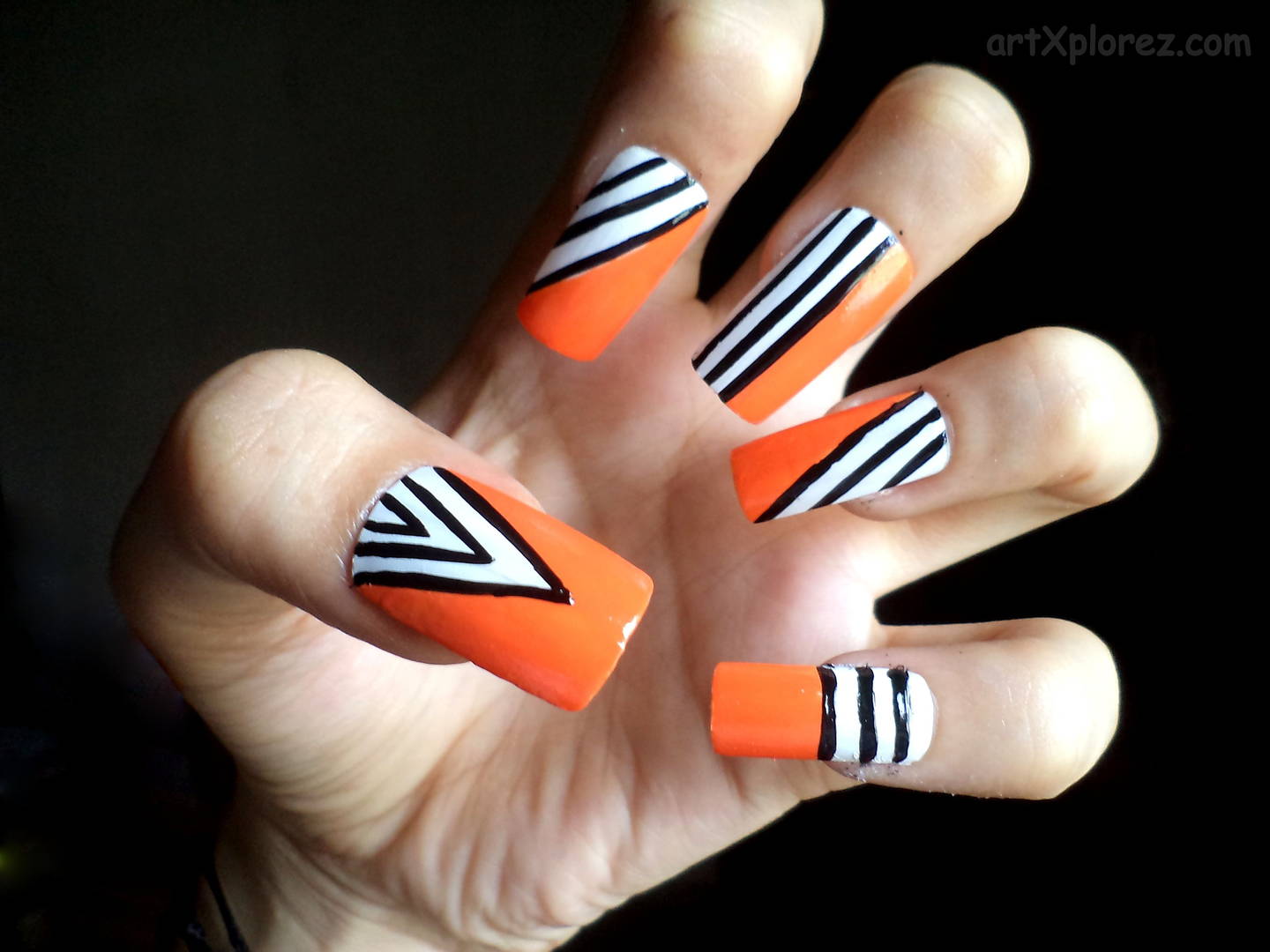 Orange With Black And White Stripes Design Nail Art