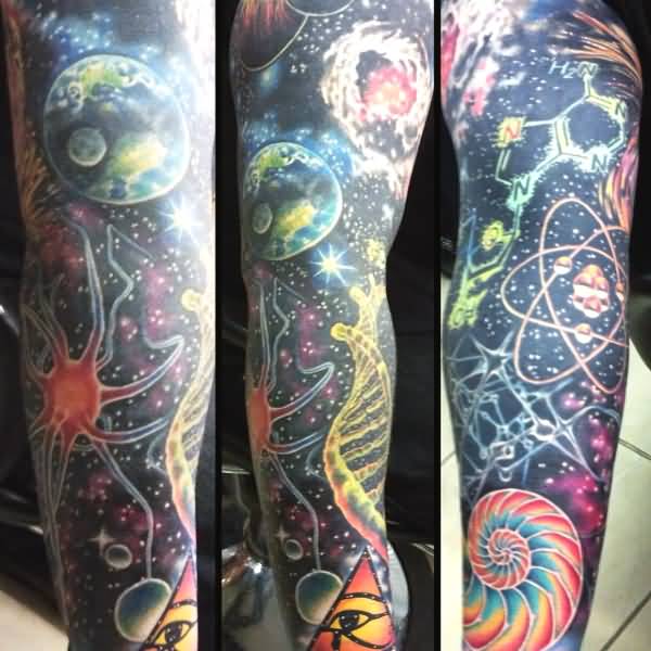 Outer Space Molecule Science Tattoo On Full Sleeve For Men