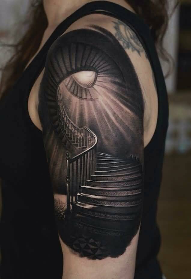 Outstanding 3D Stairway To Heaven Spiral Tattoo On Left Half Sleeve